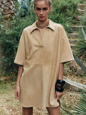 Zara NWT 100% suede leather short collared dress 1966/052